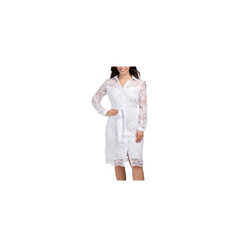 Nanette Lepore White Floral Lace Long Sleeve Dress in White w/ Tie Waist Size 12